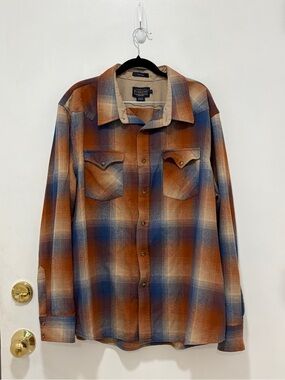 Pendleton Men’s 100% Virgin Wool Brown & Blue Plaid Flannel Shirt